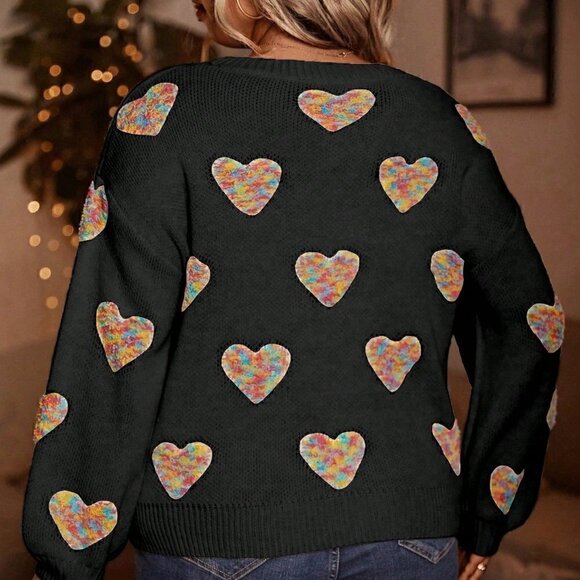 Black Casual Womens Heart Pattern Drop Shoulder Sweater - Picture 2 of 5